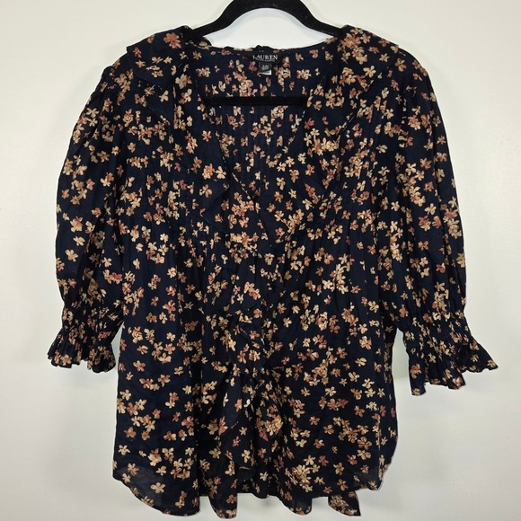 Lauren Ralph Lauren Tops - Lauren Ralph Lauren Floral Ruffle V-Neck Smocked Blouse Navy Blue Large L/G
